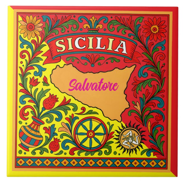Sicilia Sicilian Design Tile (customize with name) (Front)