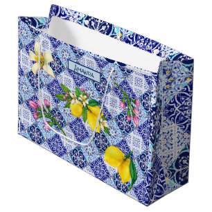 Sicilian blue Mediterranean citrus ceramic tiles  Large Gift Bag