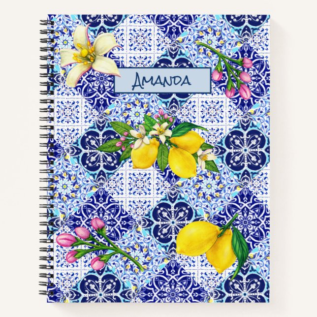 Sicilian blue Mediterranean citrus ceramic tiles  Notebook (Front)