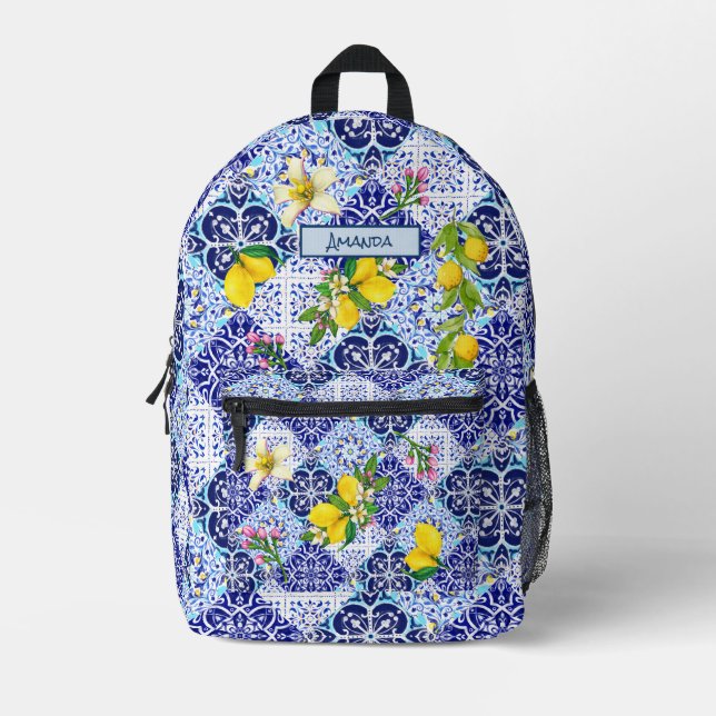 Sicilian blue Mediterranean citrus ceramic tiles Printed Backpack (Front)