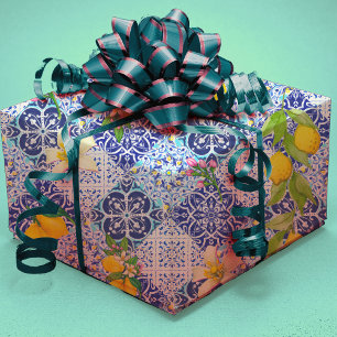 Sicilian blue Mediterranean citrus ceramic tiles Wrapping Paper