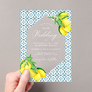 Sicilian Blue Tiles Summer Lemon Boho Wedding Acrylic Invitations