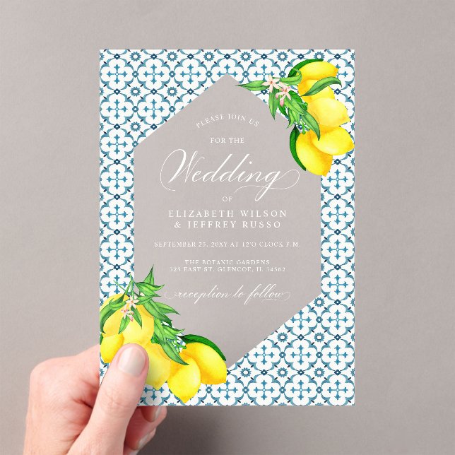 Sicilian Blue Tiles Summer Lemon Boho Wedding Acrylic Invitations (Insitu (Handheld))
