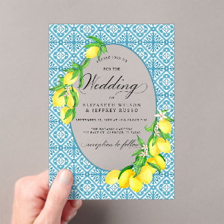 Sicilian Blue Tiles Summer Lemon Boho Wedding Acrylic Invitations