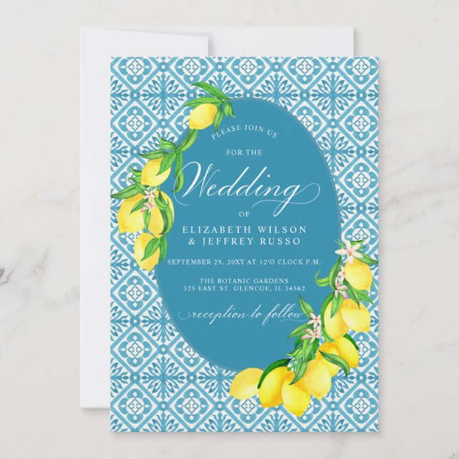 Sicilian Blue Tiles Summer Lemon Boho Wedding Invitation (Front)