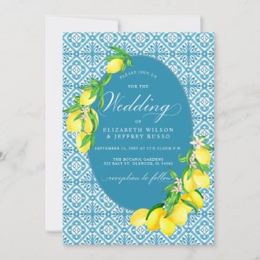 Sicilian Blue Tiles Summer Lemon Boho Wedding Invitation