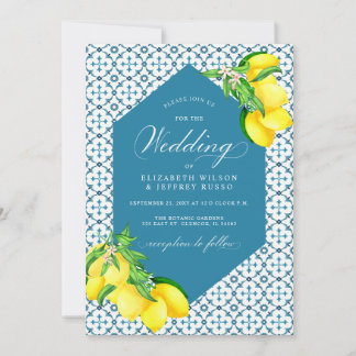 Sicilian Blue Tiles Summer Lemon Boho Wedding Invitation