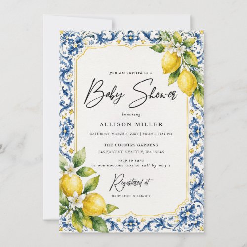 Sicilian Blue Tiles Yellow Lemon Baby Shower Invitation