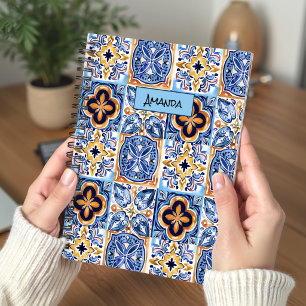 Sicilian Blue White Floral Ceramic Tile Pattern Notebook