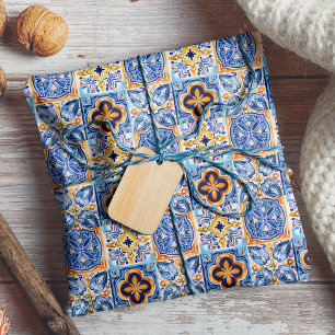 Sicilian Blue white Mediterranean ceramic tiles Wrapping Paper