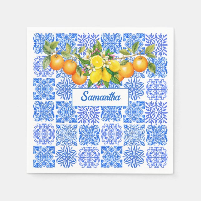 Sicilian blue yellow citrus Mediterranean azulejo  Napkins (Front)