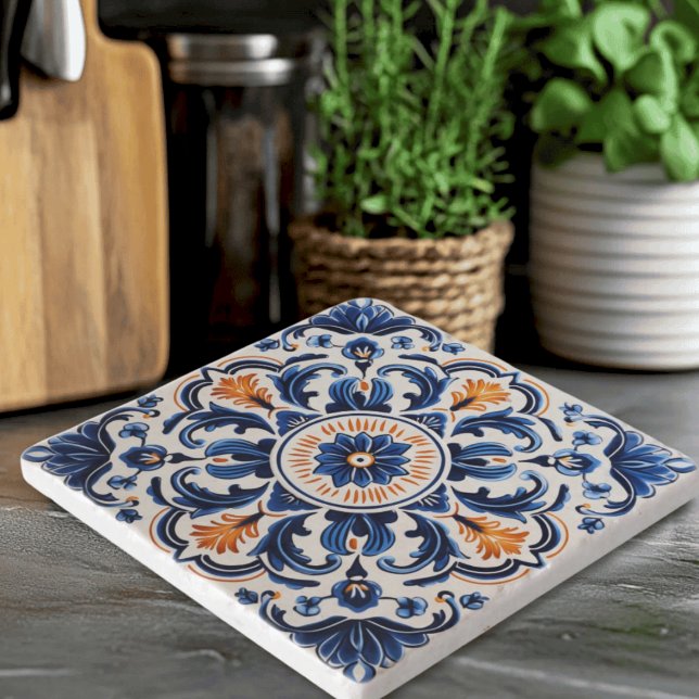 Sicilian Ceramic with Blue and Orange Trivet (Mediterranean pottery style trivet in blue, navy and orange - Sicilian heritage design)