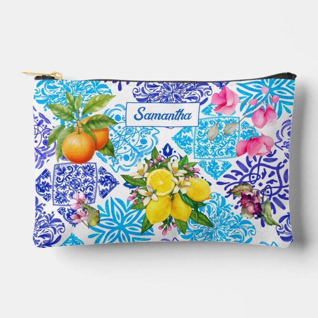 Sicilian citrus floral Mediterranean azulejo tiles Accessory Pouch (Front)