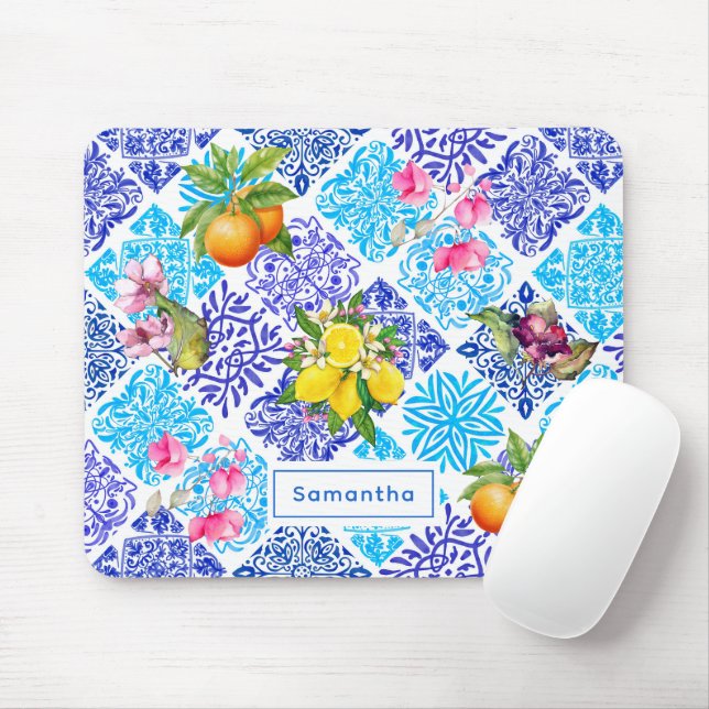 Sicilian citrus floral Mediterranean azulejo tiles Mouse Pad (With Mouse)