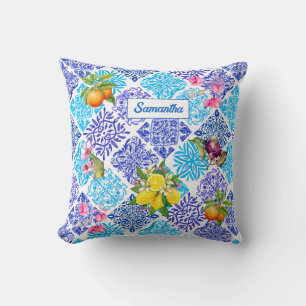 Sicilian citrus floral Mediterranean azulejo tiles Throw Pillow