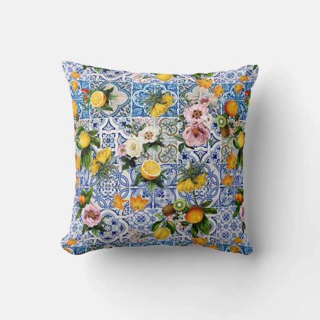 Sicilian flowers and lemon pattern throw pillow (Front)