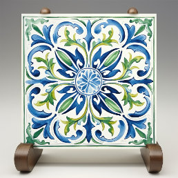 Sicilian Garden Watercolor Blue Green Ceramic Tile