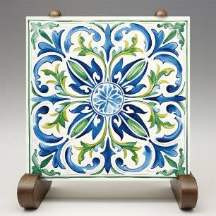Sicilian Garden Watercolor Blue Green Ceramic Tile