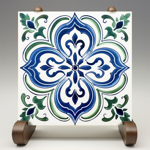 Sicilian Garden Watercolor Blue Green Ceramic Tile