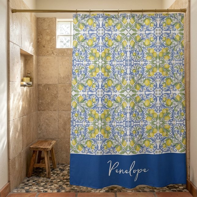 Sicilian Lemon Blue Majolica Tile Shower Curtain (Sicilian Lemon Blue Majolica Tile Shower Curtain)