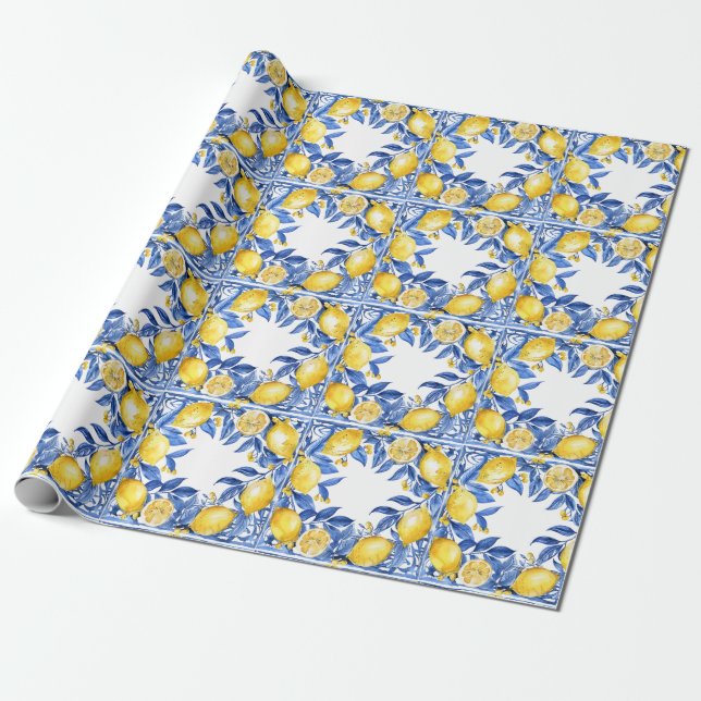 Sicilian Lemon Tiles Pattern Mediterranean Dolce  Wrapping Paper (Unrolled)