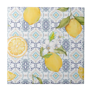 Sicilian Lemon Watercolor Pattern with Ornate Blue Ceramic Tile