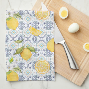 Sicilian Lemon Watercolor Pattern with Ornate Blue Kitchen Towel