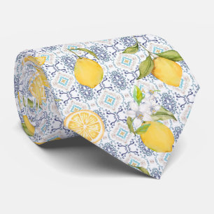 Sicilian Lemon Watercolor Pattern with Ornate Blue Neck Tie