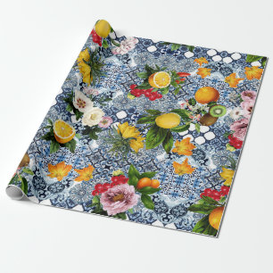 Sicilian lemons and flowers vintage tiles pattern wrapping paper