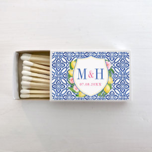 Sicilian Lemons Blue And White Tile Wedding Logo Matchboxes