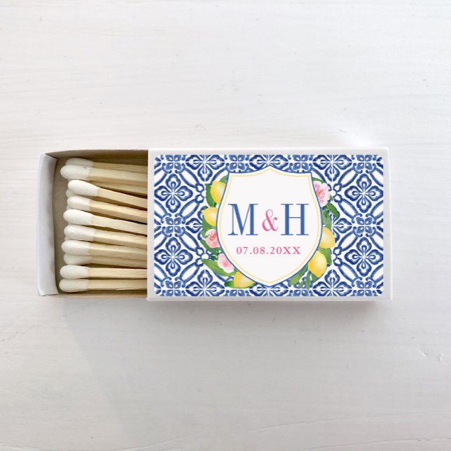 Sicilian Lemons Blue And White Tile Wedding Logo Matchboxes (A modern lemons with pink florals wedding crest design against a blue and white tile background)