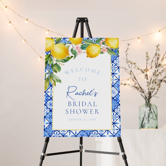 Sicilian Lemons Blue Tiles Bridal Shower Welcome Foam Board (In Situ (Stand))