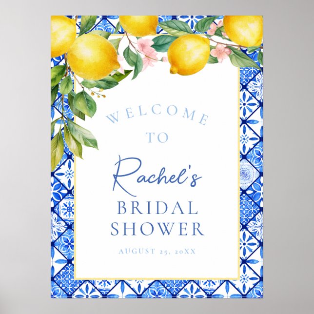 Sicilian Lemons Blue Tiles Bridal Shower Welcome Poster (Front)