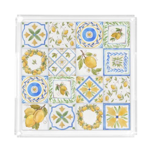 Sicilian Lemons Watercolor Square Pattern Acrylic Tray