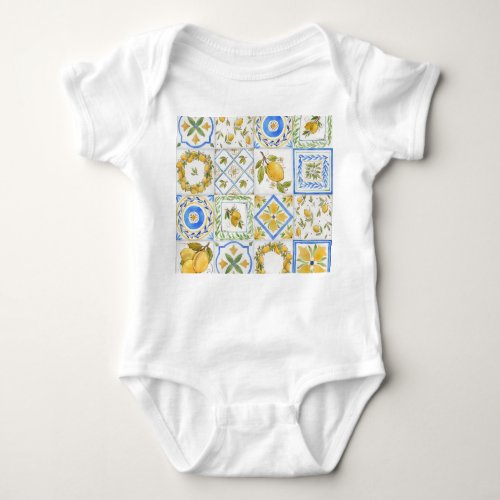 Sicilian Lemons Watercolor Square Pattern Baby Bodysuit
