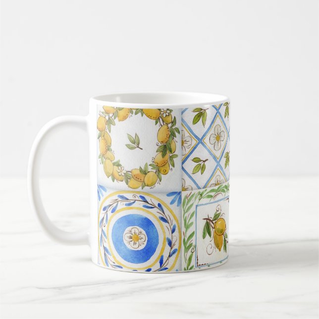 Sicilian Lemons Watercolor Square Pattern Coffee Mug (Left)