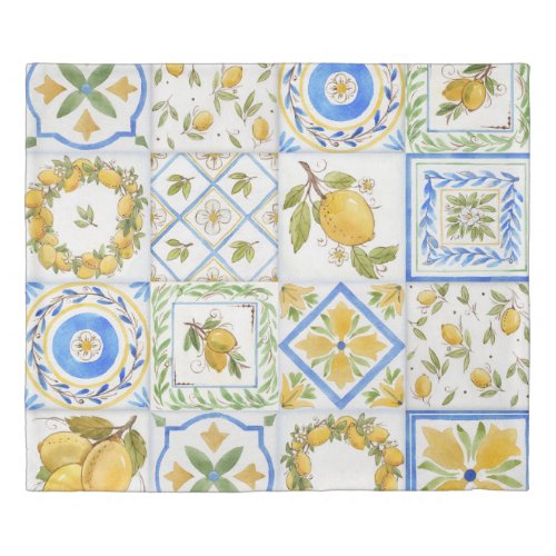 Sicilian Lemons Watercolor Square Pattern Duvet Cover