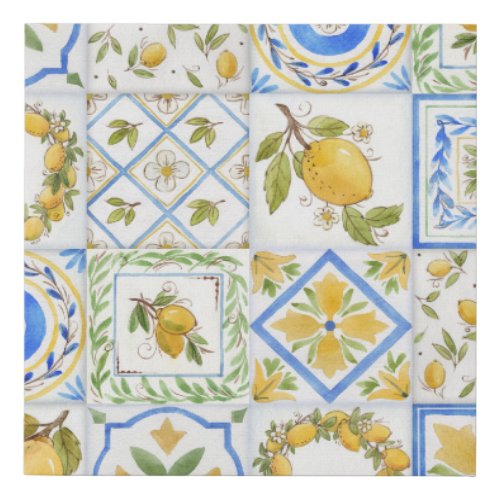 Sicilian Lemons Watercolor Square Pattern Faux Canvas Print