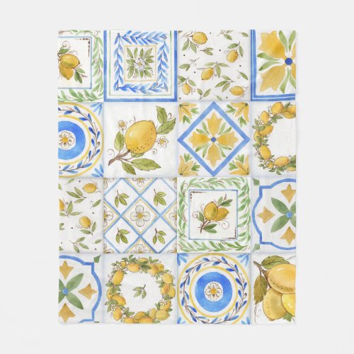 Sicilian Lemons Watercolor Square Pattern Fleece Blanket