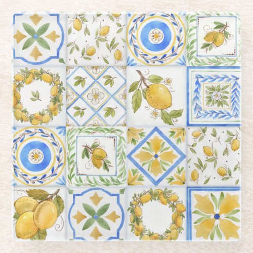 Sicilian Lemons Watercolor Square Pattern Glass Coaster