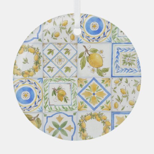 Sicilian Lemons Watercolor Square Pattern Glass Ornament