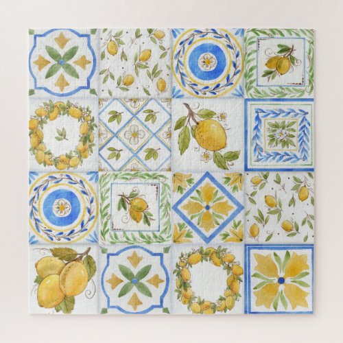 Sicilian Lemons Watercolor Square Pattern Jigsaw Puzzle
