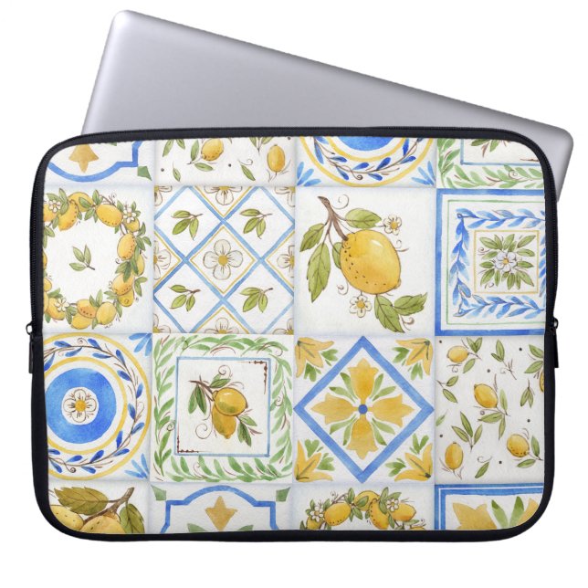 Sicilian Lemons Watercolor Square Pattern Laptop Sleeve (Front)