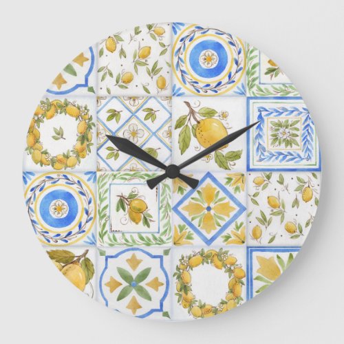 Sicilian Lemons Watercolor Square Pattern Large Clock