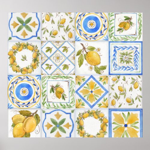 Sicilian Lemons Watercolor Square Pattern Poster