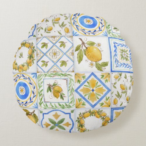 Sicilian Lemons Watercolor Square Pattern Round Pillow