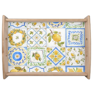 Sicilian Lemons Watercolor Square Pattern Serving Tray