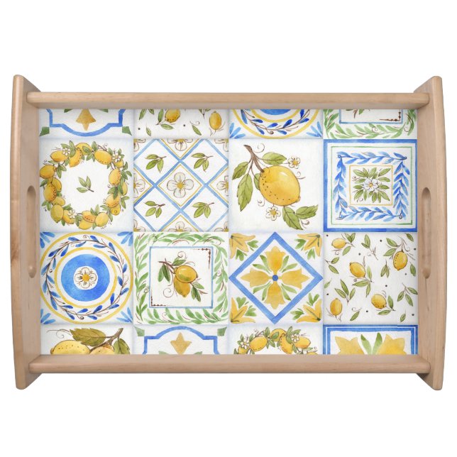 Sicilian Lemons Watercolor Square Pattern Serving Tray (Front)