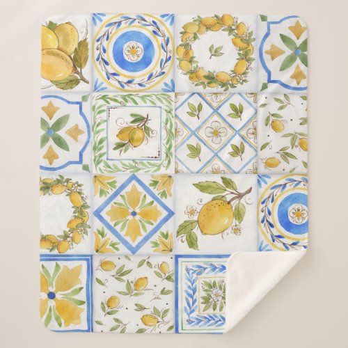 Sicilian Lemons Watercolor Square Pattern Sherpa Blanket