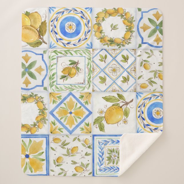 Sicilian Lemons Watercolor Square Pattern Sherpa Blanket (Front)